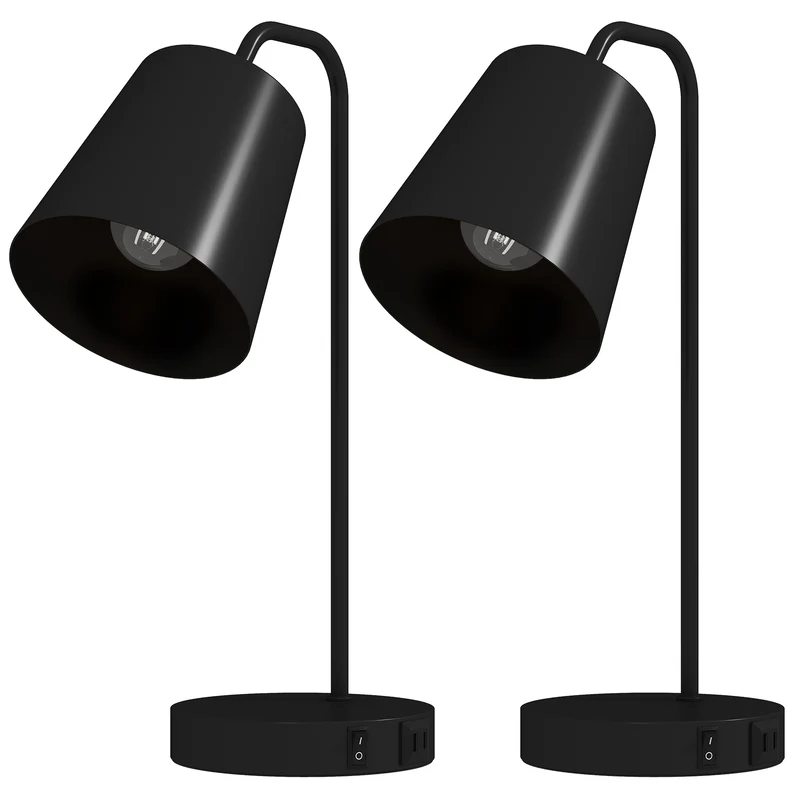 Sada 2 stolních lamp, černá ocel, USB-A/USB-C, E27
