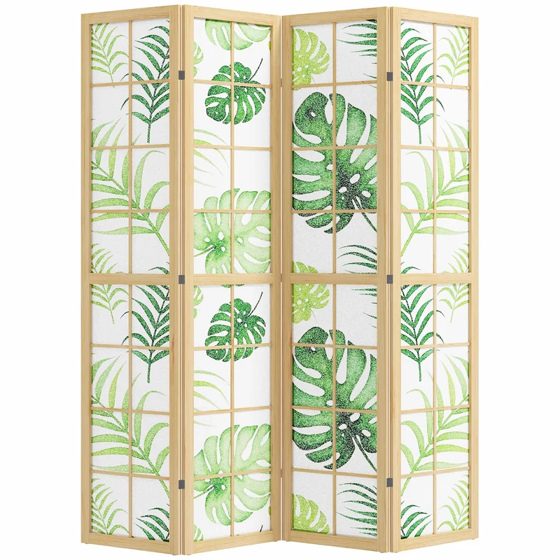 Skládací paraván se 4 panely, bohémský palmový design, zelený