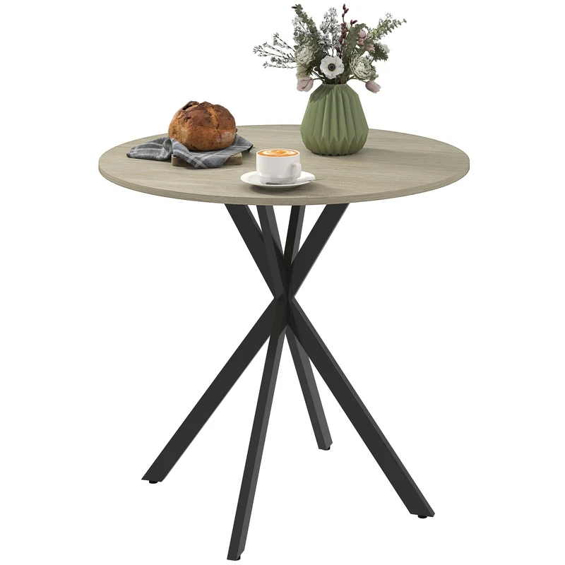Kulatý kuchyňský stůl, 80 cm, kompaktní stolová deska, dřevotříska, kov, bílý dub+černá