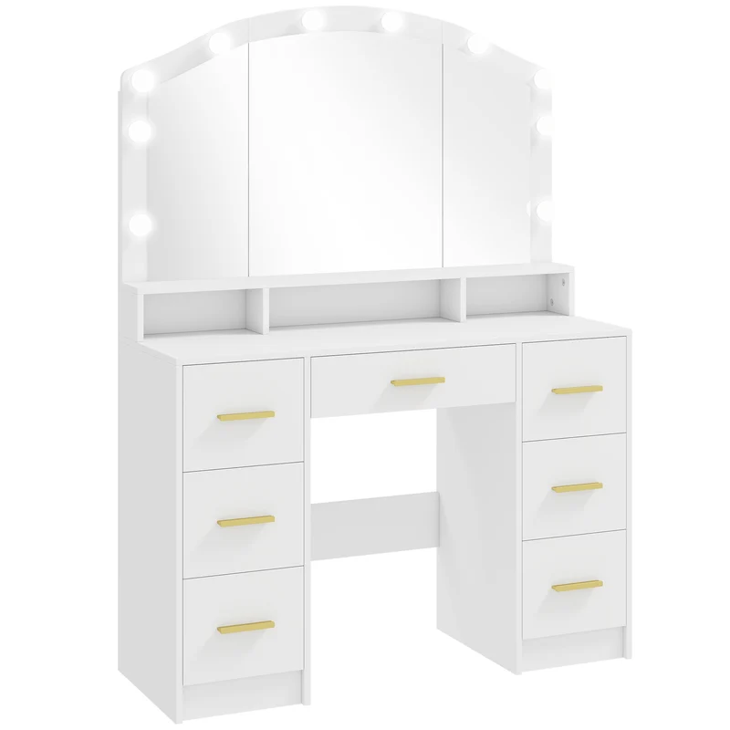 Toaletní stolek se zrcadlem, 10 LED světel, 7 zásuvek, bílá MDF
