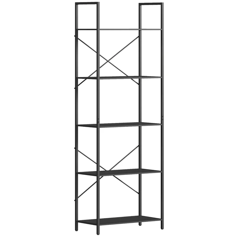 Průmyslová kovová knihovna s 5 policemi, 60x30x170,5 cm, černá