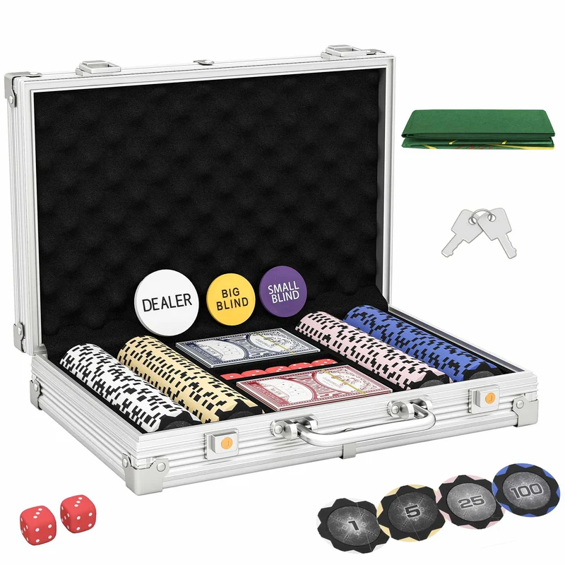 Sada pokerových žetonů s pouzdrem, kostkami, dealerovým tlačítkem, 2 balíčky karet