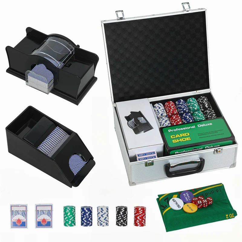 Pokerová sada s 300 žetony, 2 balíčky karet, kostkami, pouzdrem pro 8 hráčů