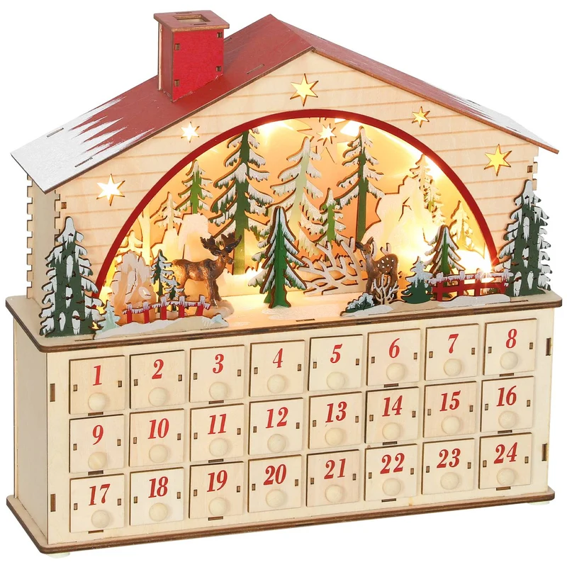 Adventní kalendář s 24 zásuvkami, LED světla, dřevo, 36x10x34 cm