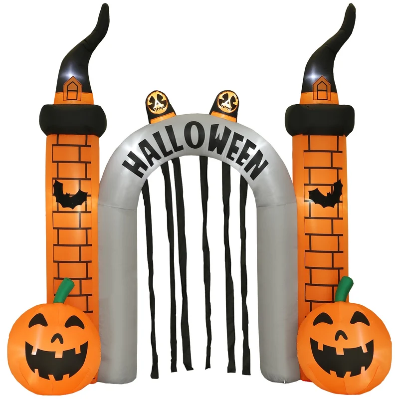 Nafukovací halloweenský oblouk, design s dýněmi, LED světla, kotvící kolíky