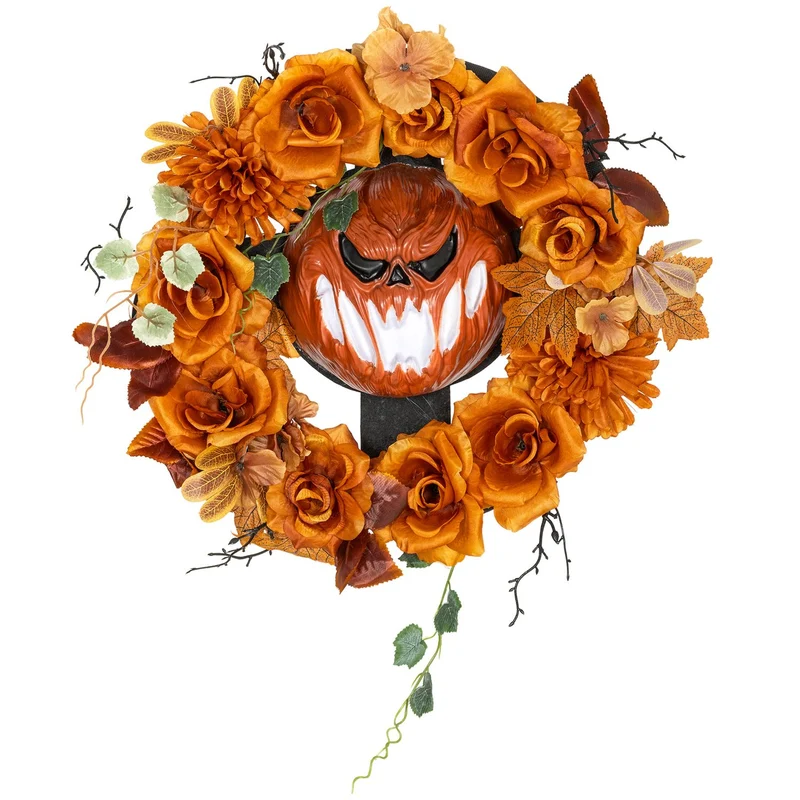 Halloweenský věnec, design s dýněmi, podzimní listy, LED efekty