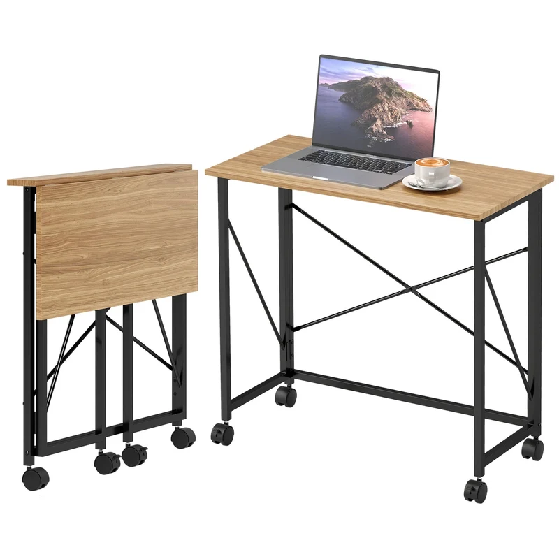 Skládací psací stůl s kolečky, úsporný, ocel, MDF, dub