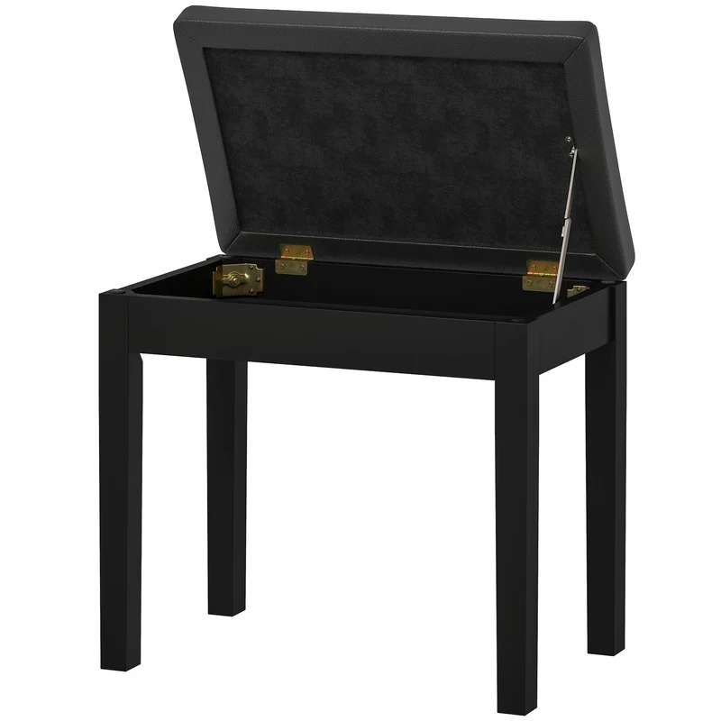 Pianová lavice, potah z umělé kůže, prošívané knoflíky, úložný prostor, dřevěné nohy, černá