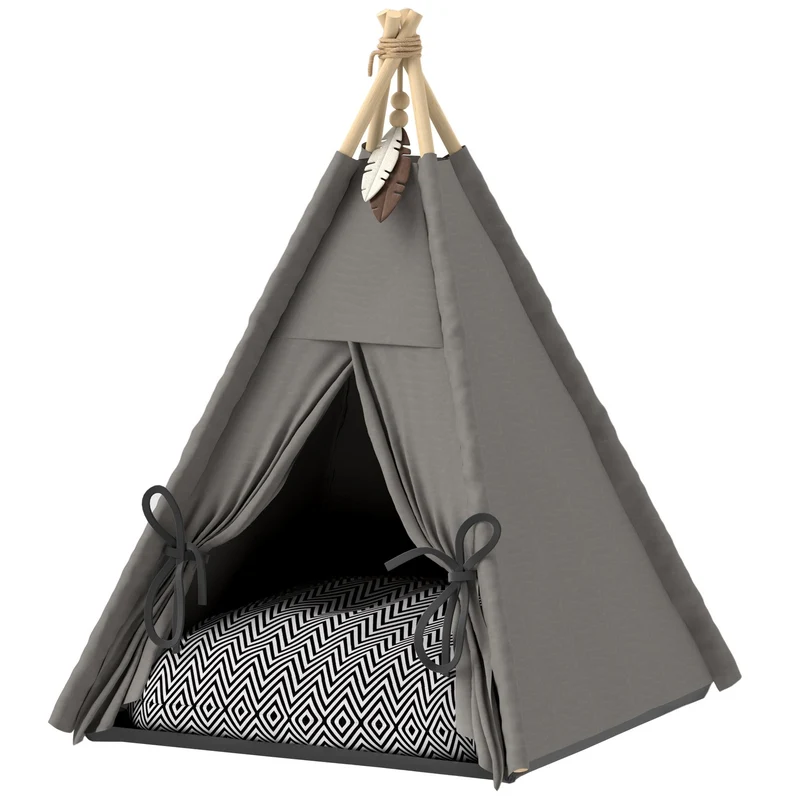Stan pro kočky typu tipi, pratelné polštáře, šedý, pro domácí mazlíčky do 5 kg