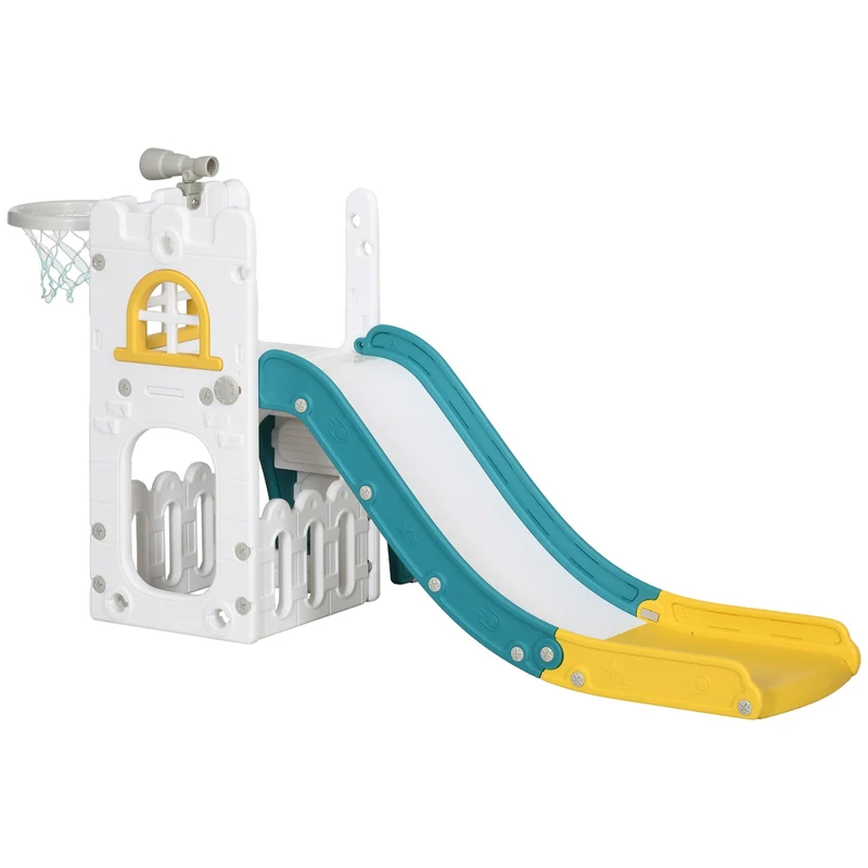 Dětská skluzavka, 4 v 1, skluzavka pro batolata s basketbalovým košem, teleskopická prolézačka, žlutá, 70 x 177 x 92 cm
