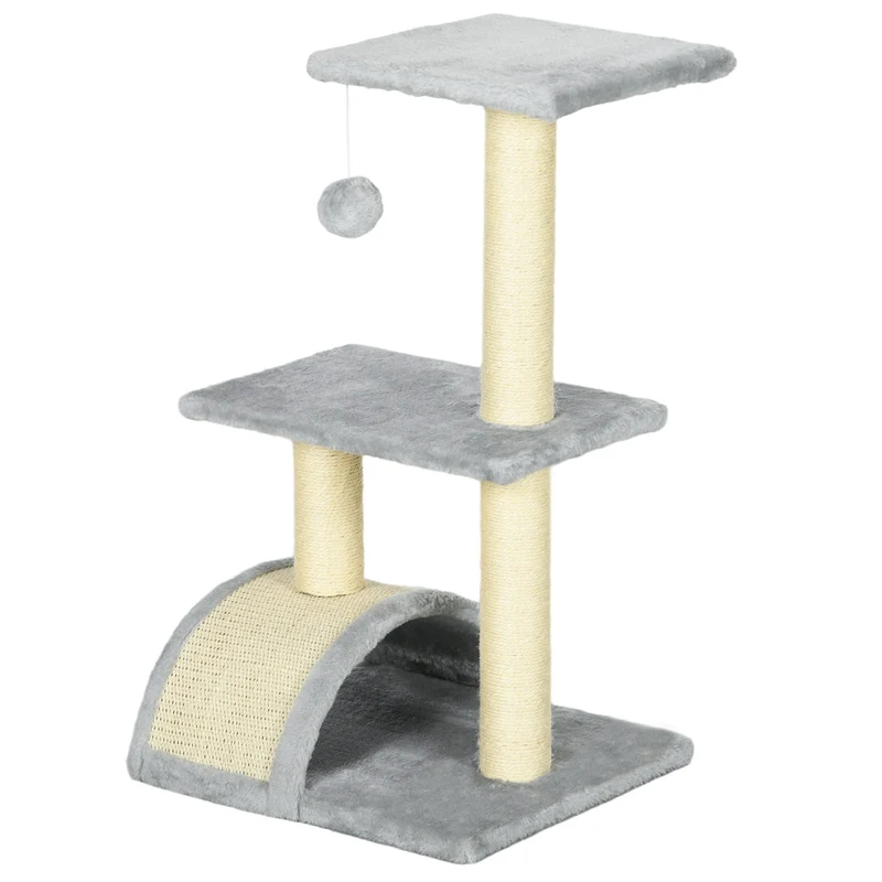Kočičí strom 72 cm, kočičí věž s plyšovými míčky, sisalovými sloupky, plošinou a škrabací deskou, světle šedý