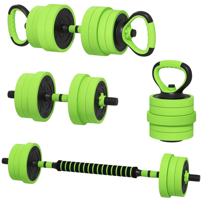 Sada činek 4 v 1, 20 kg, nastavitelná činka a velká činka, Kettlebell, úchyty na kliky, zelená