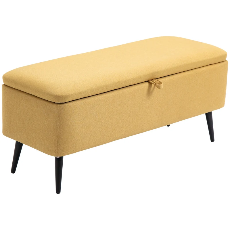 Lavice, lavice s opěradlem, čalouněná lavice s lněným vzhledem, nosnost až 150 kg, 101 × 38,5 × 44,5 cm, žlutá