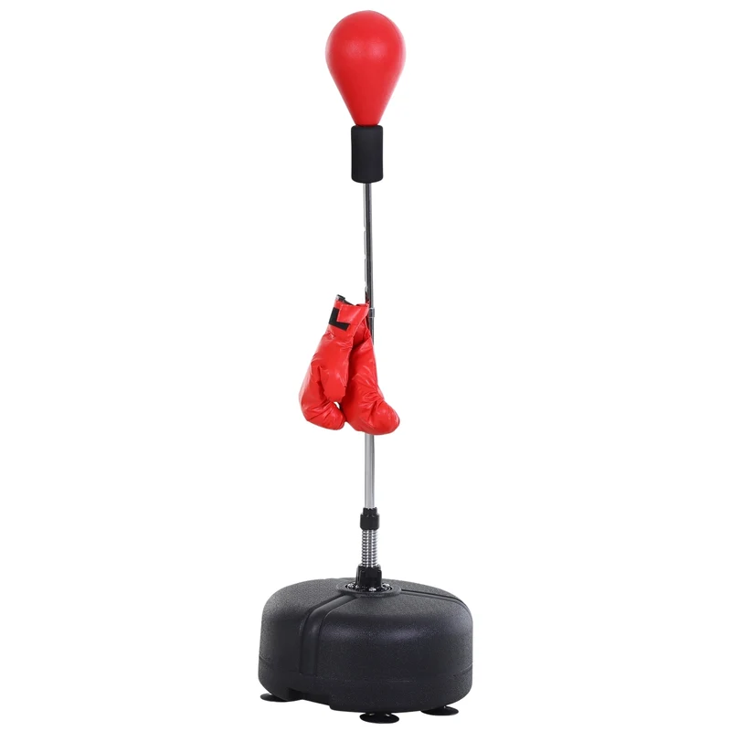 Boxovací hruška se stojanem, výškově nastavitelný boxovací pytel 136–154 cm, stojací hruška s boxerskými rukavicemi, pro teenagery a dospělé, pro trénink, odbourání stresu a fitness, červená