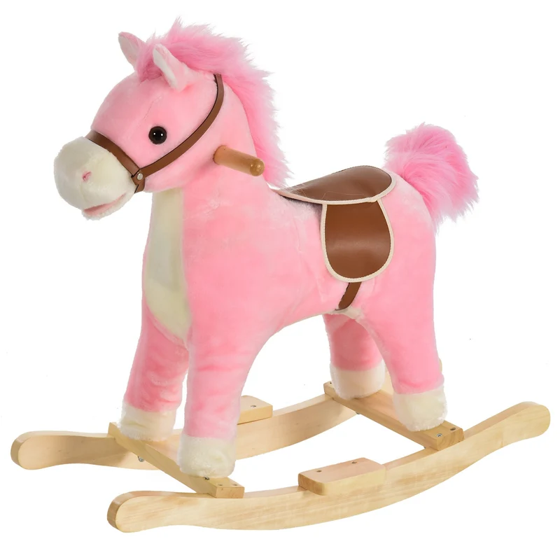 Růžová plyšová houpací hračka – koník se zvuky, pro děti 3–6 let, 65 cm