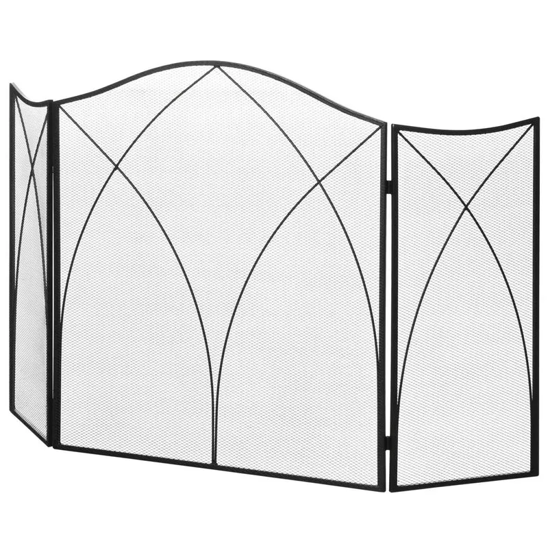 Skládací černý kovový kryt krbu, 3 panely, 126 x 76 cm