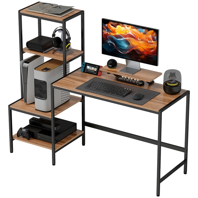 Hnědý psací stůl s držákem na monitor a počítač, 4 police – 150x48x125 cm