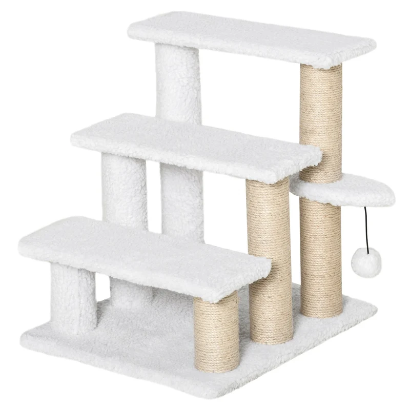 Schůdky pro domácí mazlíčky a škrabadlo, 3 stupně, plyš/juta, bílé