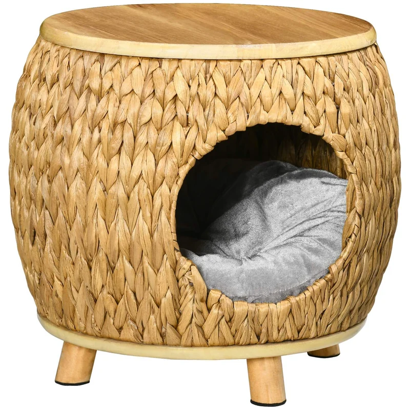 Ratanový kočičí domeček a pelíšek – 2 v 1 s polštářem, 44x43x42cm