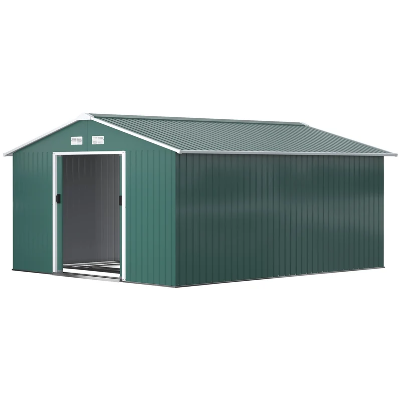 Tmavě zelený zahradní domek z pozinkované oceli, 12,4 m², odolný proti povětrnostním vlivům