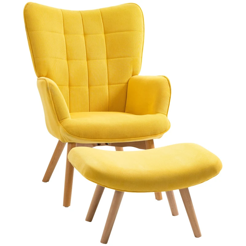 Žluté manšestrové křeslo Wing Chair s taburetem – křeslo s dřevěnými nohami