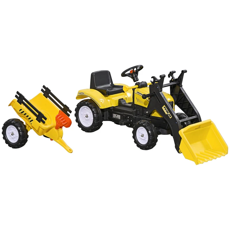 Žlutý šlapací traktor s přívěsem pro děti od 3 let a lopatou