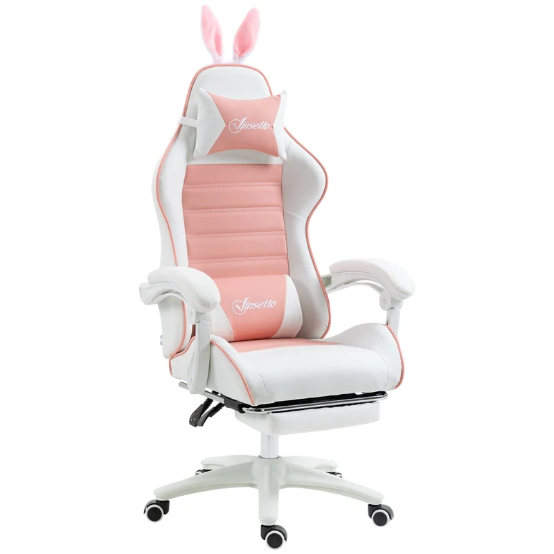 Růžové ergonomické herní křeslo s bederní opěrkou a podnožkou