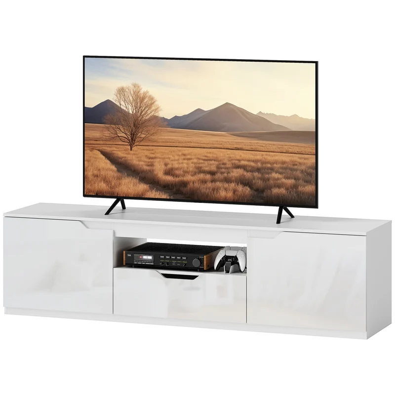 Bílý TV stolek – lowboard 160 cm, 2 dvířka, zásuvka