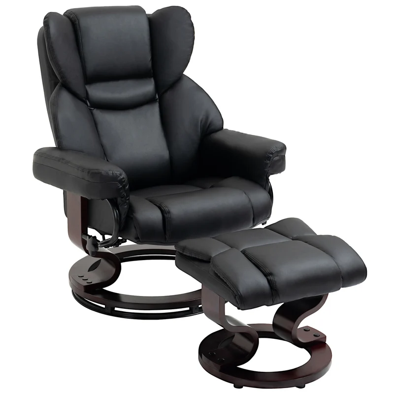 Černé relaxační křeslo z imitace kůže s otočnou podnožkou