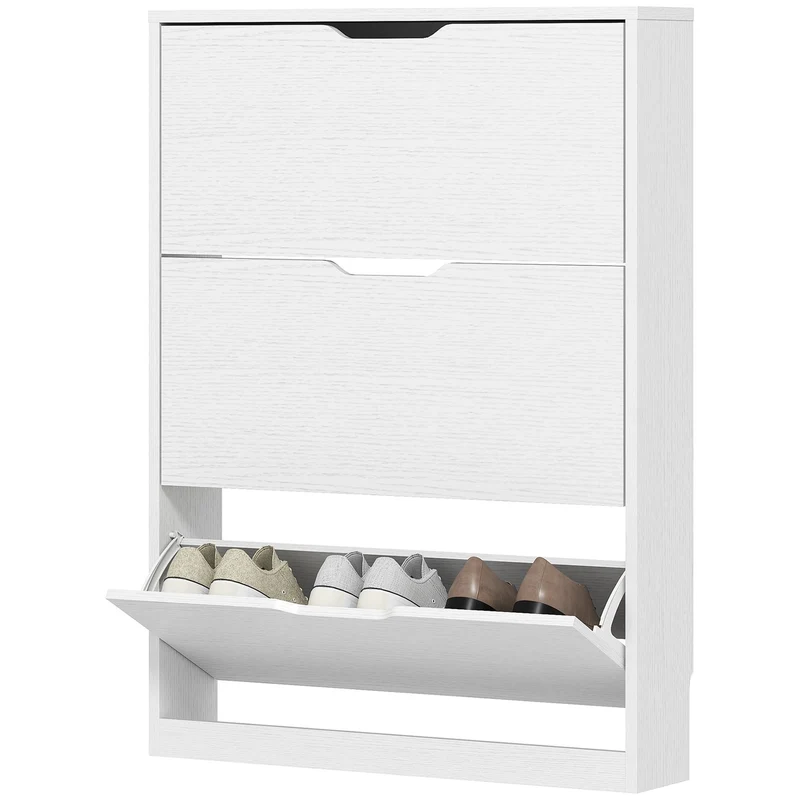Úzký bílý botník pro 9–12 párů, 3 výklopná dvířka, 80x17x108 cm