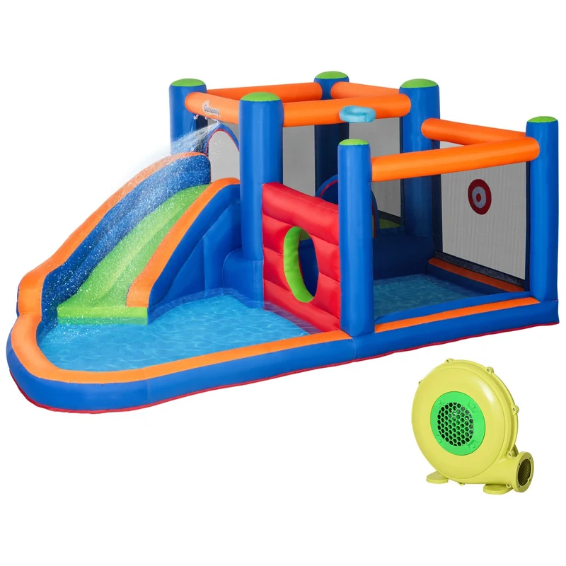 Nafukovací vodní park s trampolínou, skákacím hradem, skluzavkou a obloukem