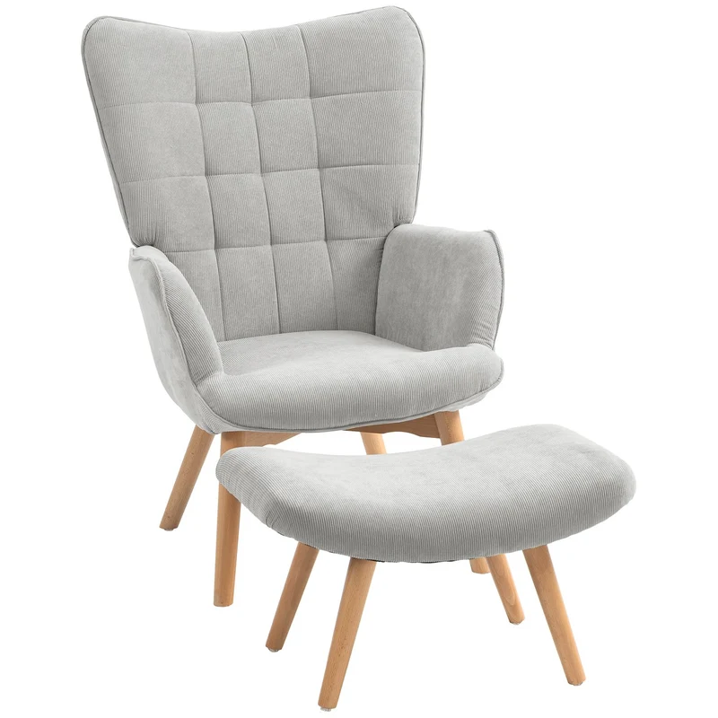 Šedé manšestrové křeslo Wing Chair s podnožkou – relaxační křeslo