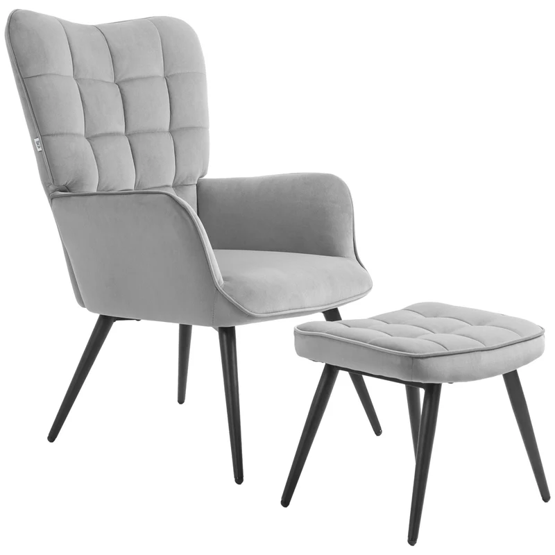 Křeslo Wingback a taburet v lounge stylu, sametový vzhled, světle šedé