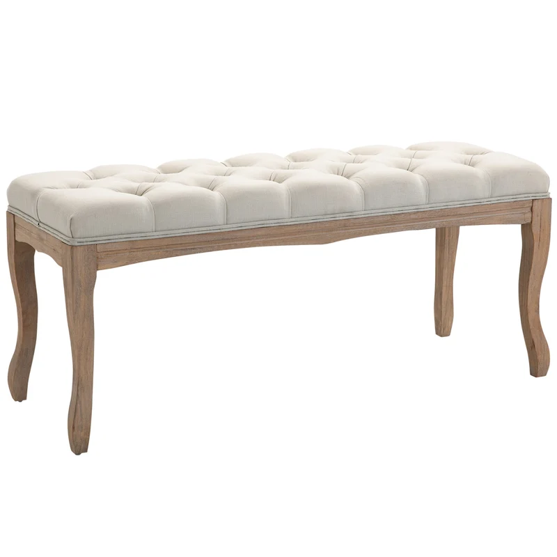 Béžová čalouněná lavice z kaučukovníkového dřeva – vintage styl, 110x40x48Cm