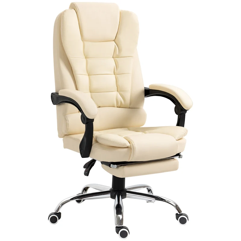 Ergonomická kancelářská židle z krémové imitace kůže s opěrkou nohou