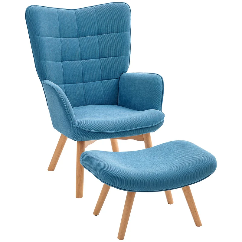 Modré manšestrové křeslo Wingback s podnožkou, prošívaný design