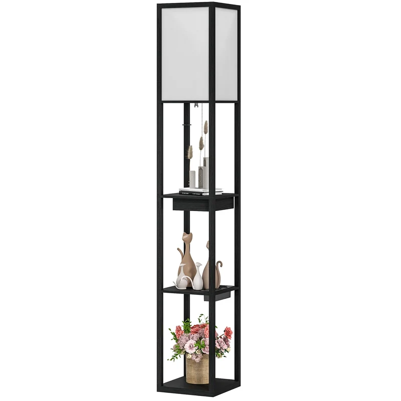 Stojací lampa s látkovým stínidlem, USB porty, bílá a černá