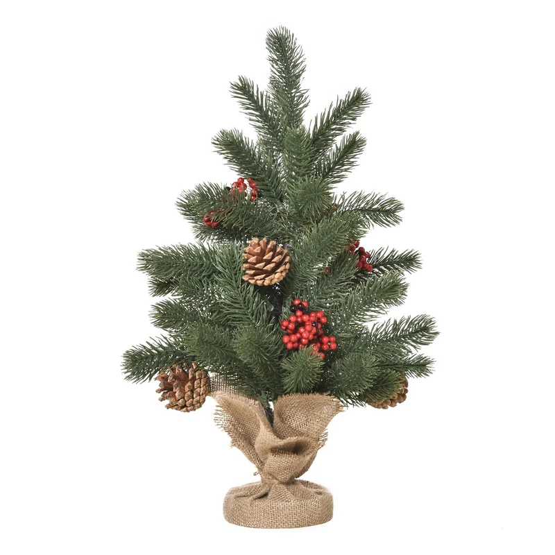 Umělý vánoční stromek, 50 cm, s červenými bobulemi a šiškami