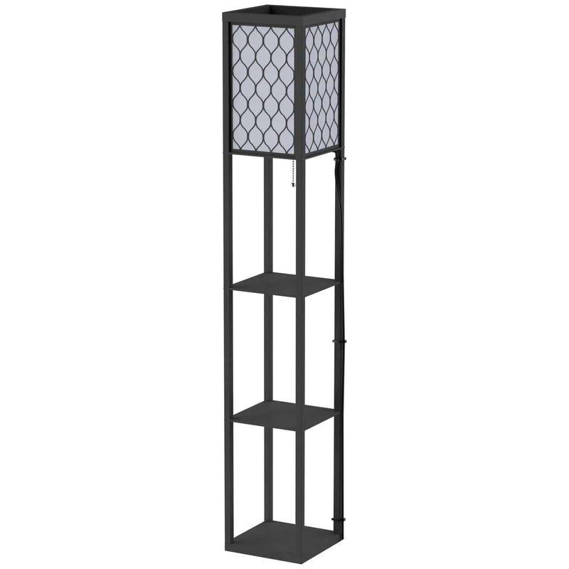 Stojací lampa s policemi – černé dřevo, 160cm, E27 40W