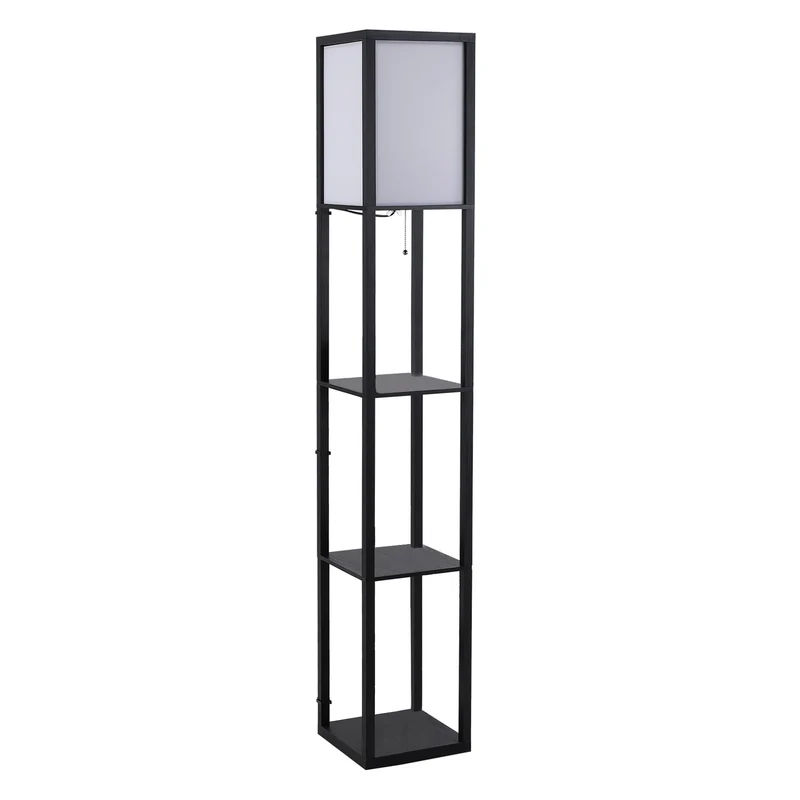 Černá dřevěná stojací lampa s policemi, patice E27, 160cm