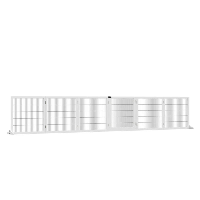 Nastavitelná dřevěná branka pro psy – 6 panelů, bílá, 432 x 70 cm