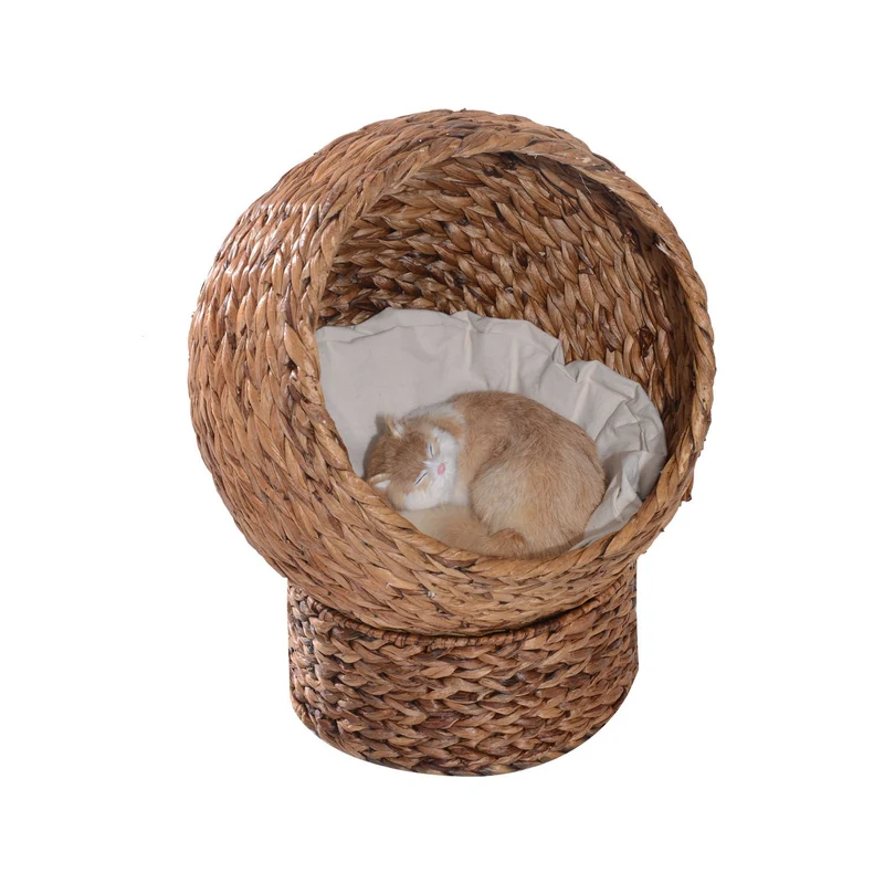 Ratanový pelíšek ve tvaru kočičí jeskyně s polštářem, vodní hyacint, 50cm
