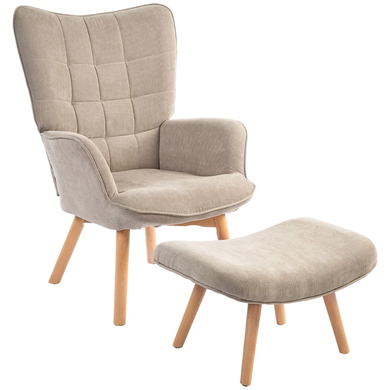 Hnědé manšestrové křeslo Wing Chair a podnožka – relaxační lounge sestava