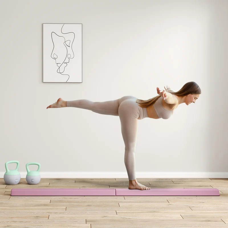 Přenosná růžová protiskluzová gymnastická kladina 236 cm pro děti