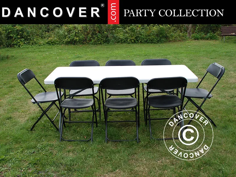 Fest paket, 1 fällbord (180cm) + 8 klappstolar, Ljusgrå/Svart